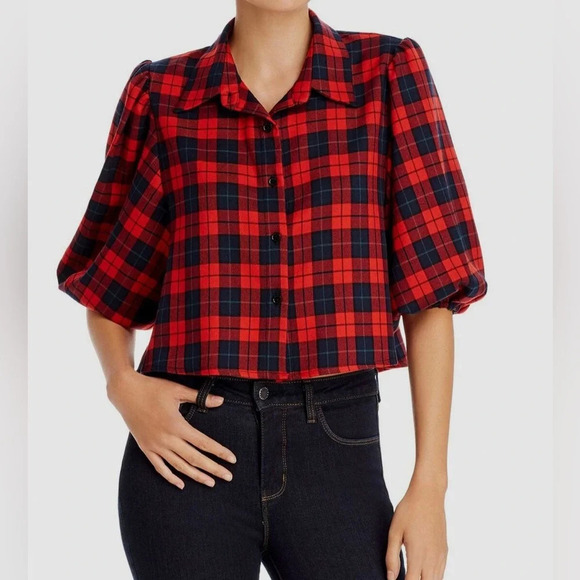AQUA Plaid Crop Button Down Shirt Red Navy - Picture 1 of 9